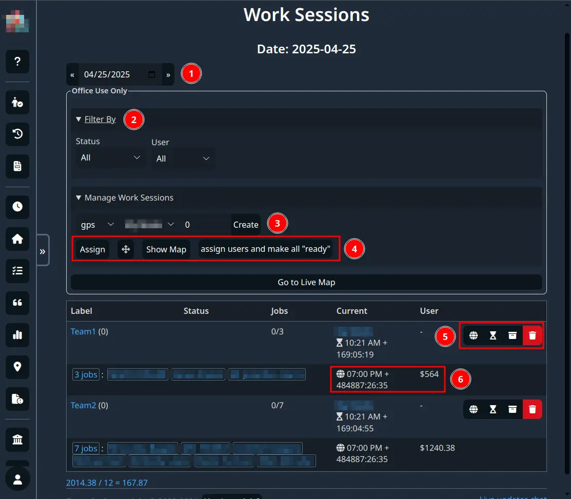 Work sessions overview page